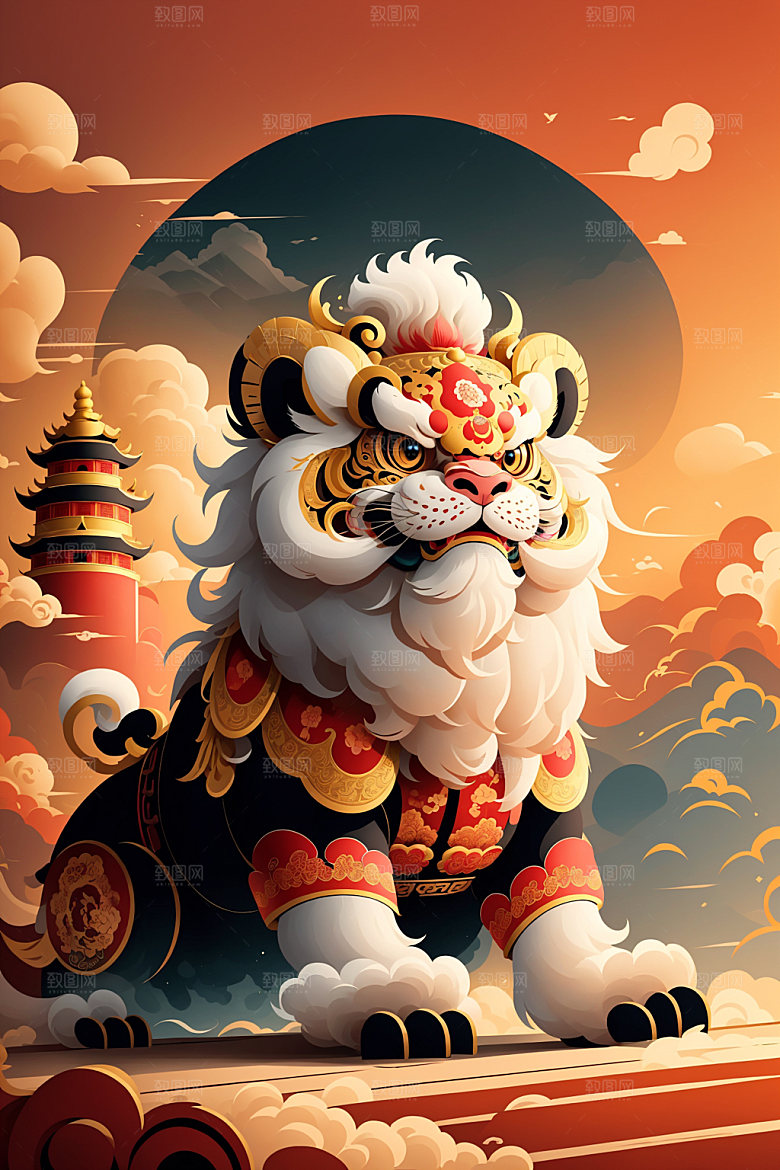 醒狮狮子中国风插画