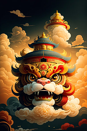 醒狮艺术传统文化插画