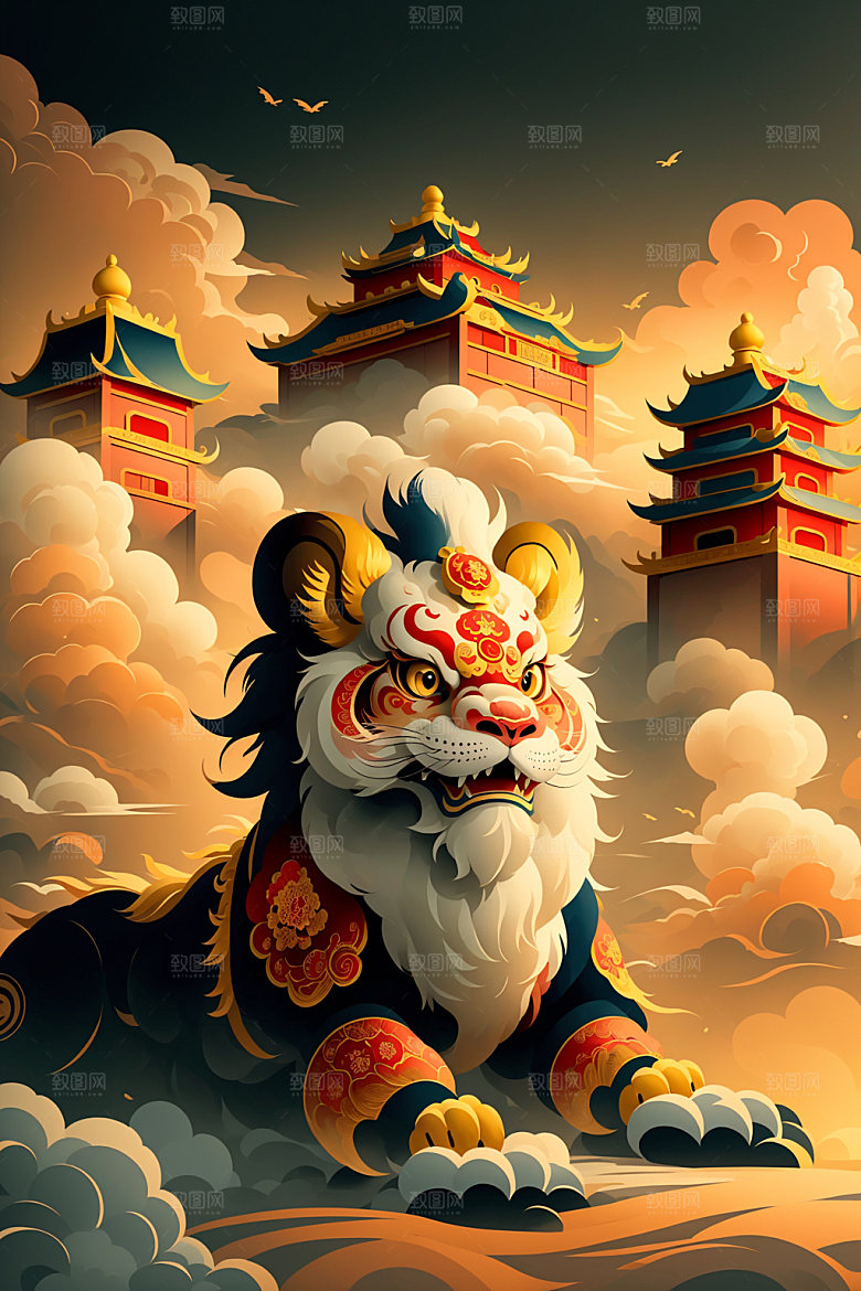 醒狮中式狮子插画