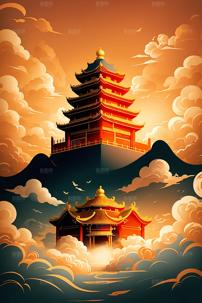 醒狮狮子中式插画