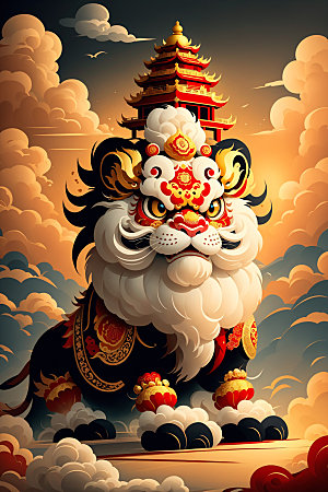 醒狮舞狮中国风插画