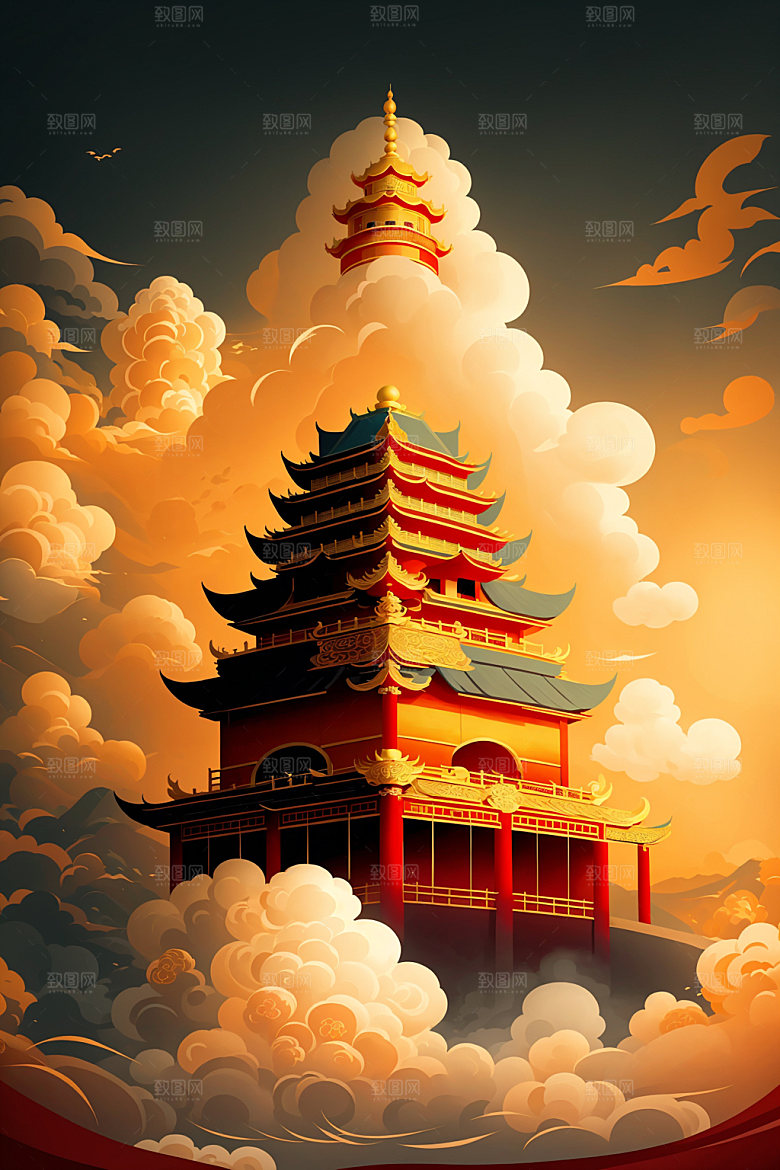 醒狮中式手绘插画