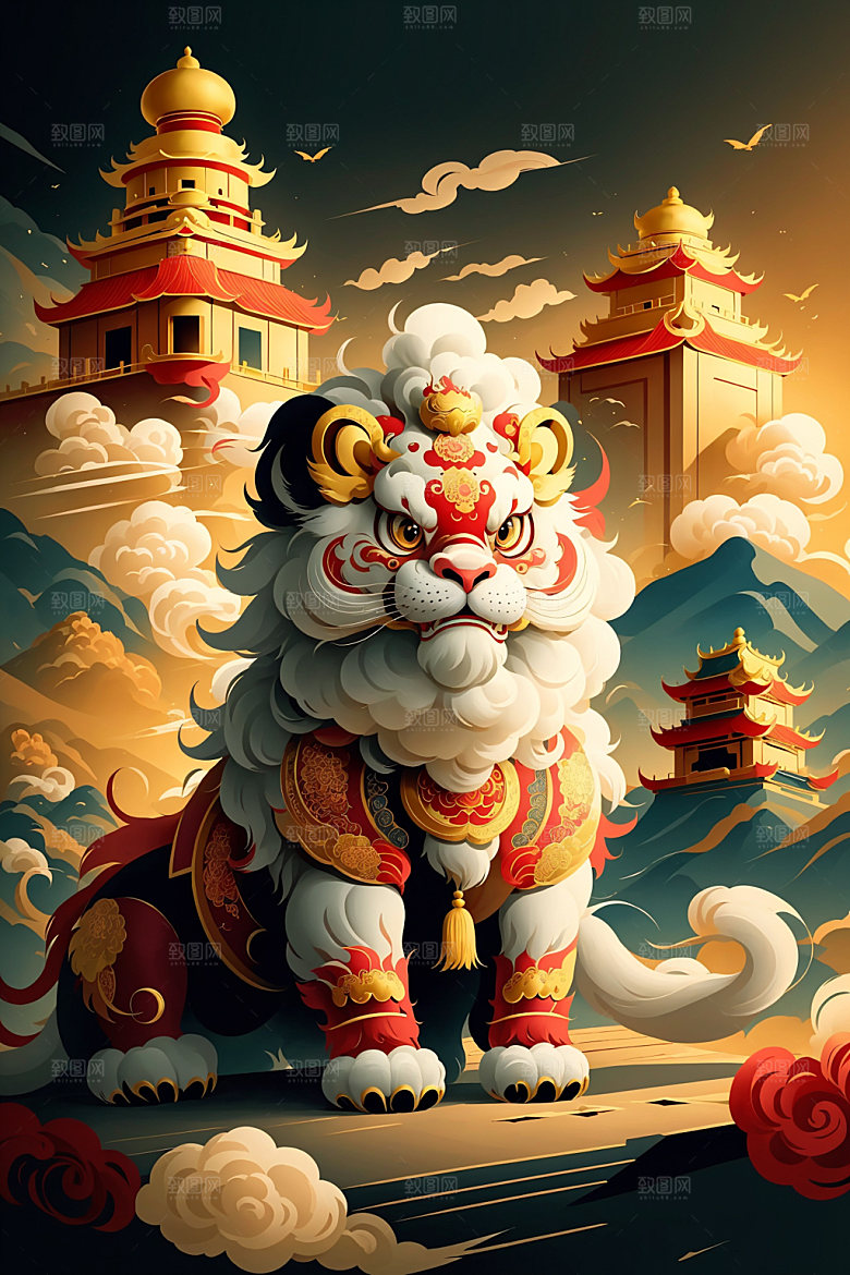醒狮舞狮手绘插画