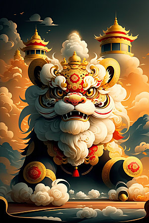 醒狮中国风手绘插画