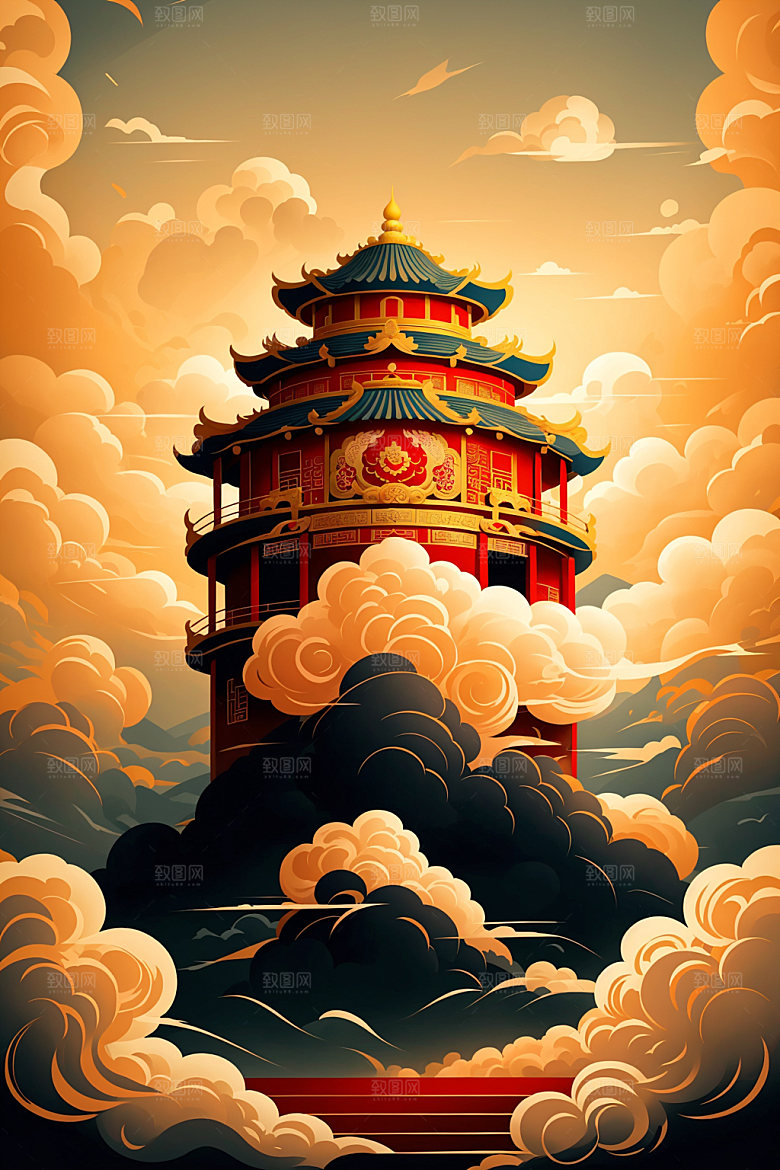 醒狮手绘中式插画