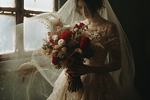 新娘手捧花特写婚礼摄影图