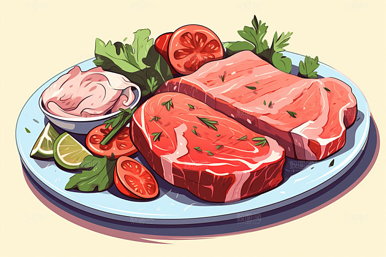 新鲜肉类美食插画牛排矢量素材