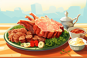 新鲜肉类牛排美食插画矢量素材