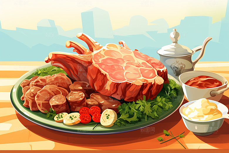 新鲜肉类牛排美食插画矢量素材