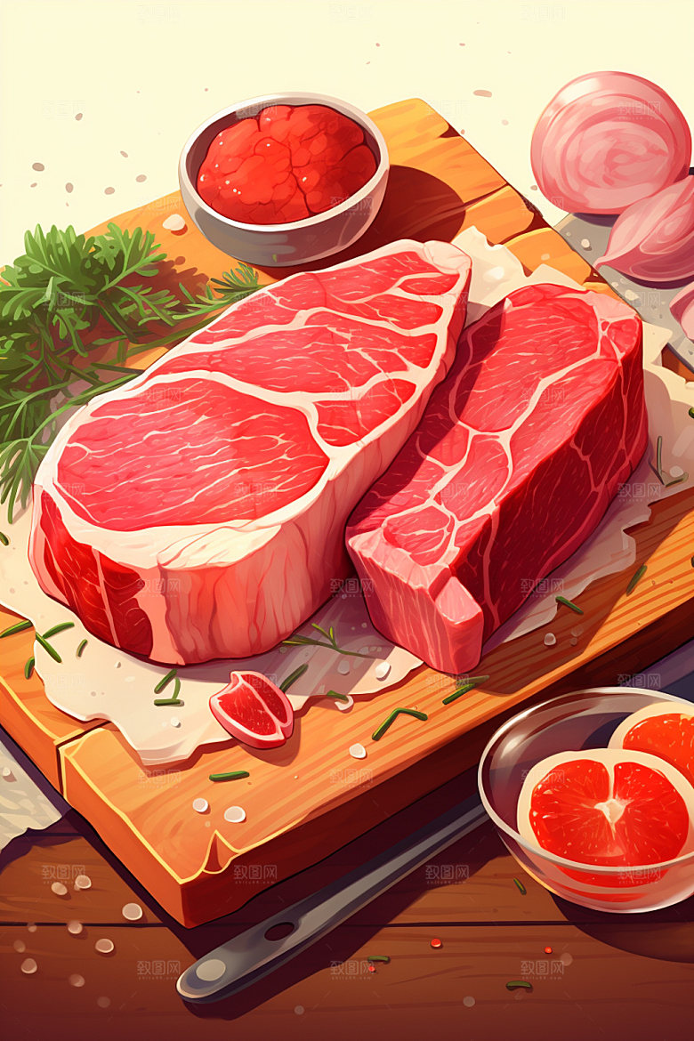新鲜肉类美食插画写实风矢量素材