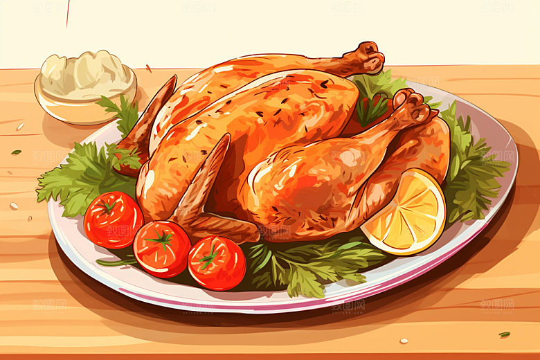 新鲜肉类烤鸡美食插画矢量素材