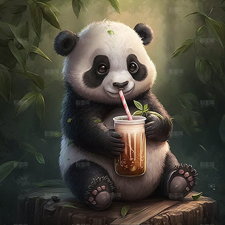 卡通熊猫童趣中国风插画