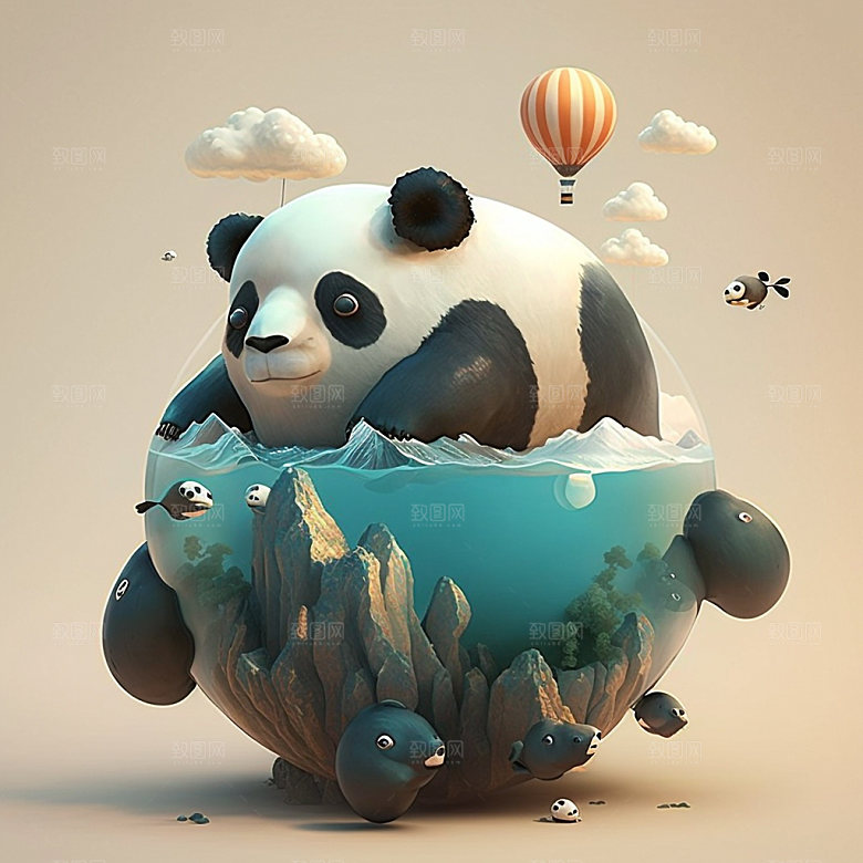 卡通熊猫童趣中国风插画