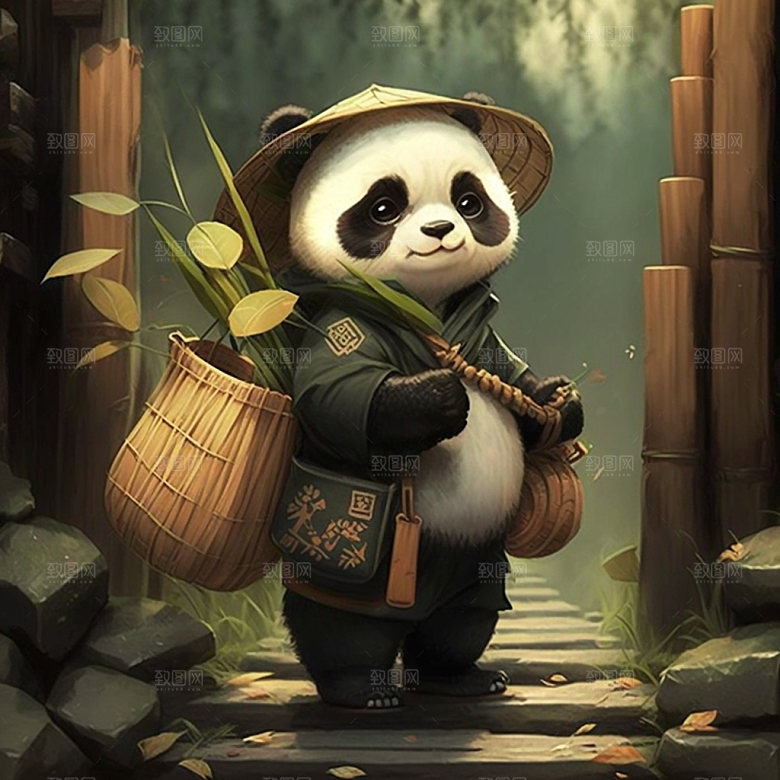 卡通熊猫中国风形象插画