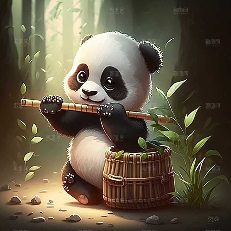 卡通熊猫中国风童趣插画