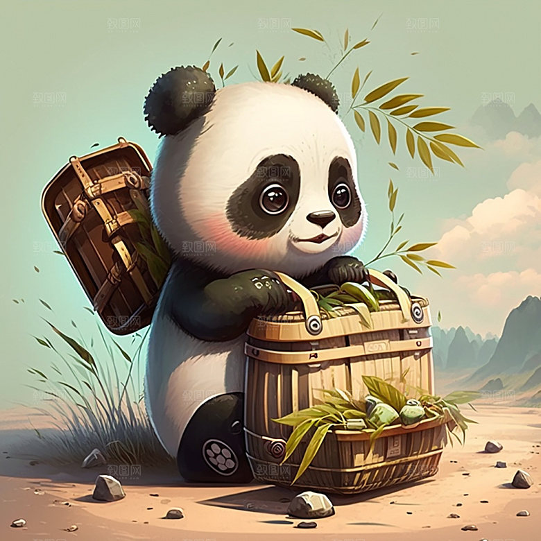 卡通熊猫中国风童趣插画