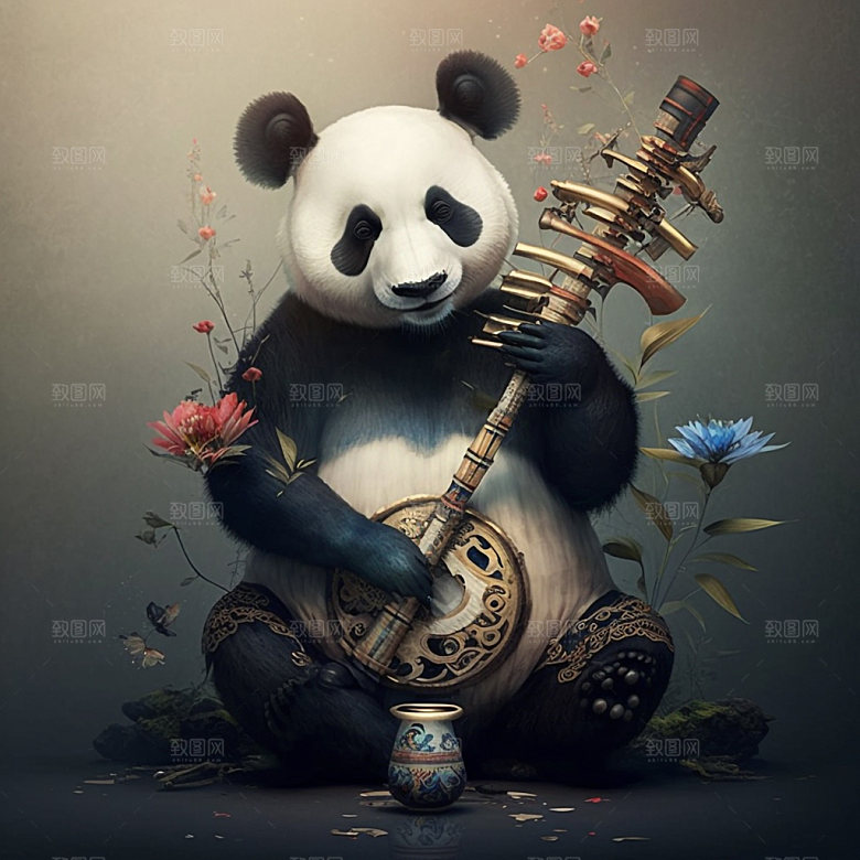 卡通熊猫拟人中国风插画