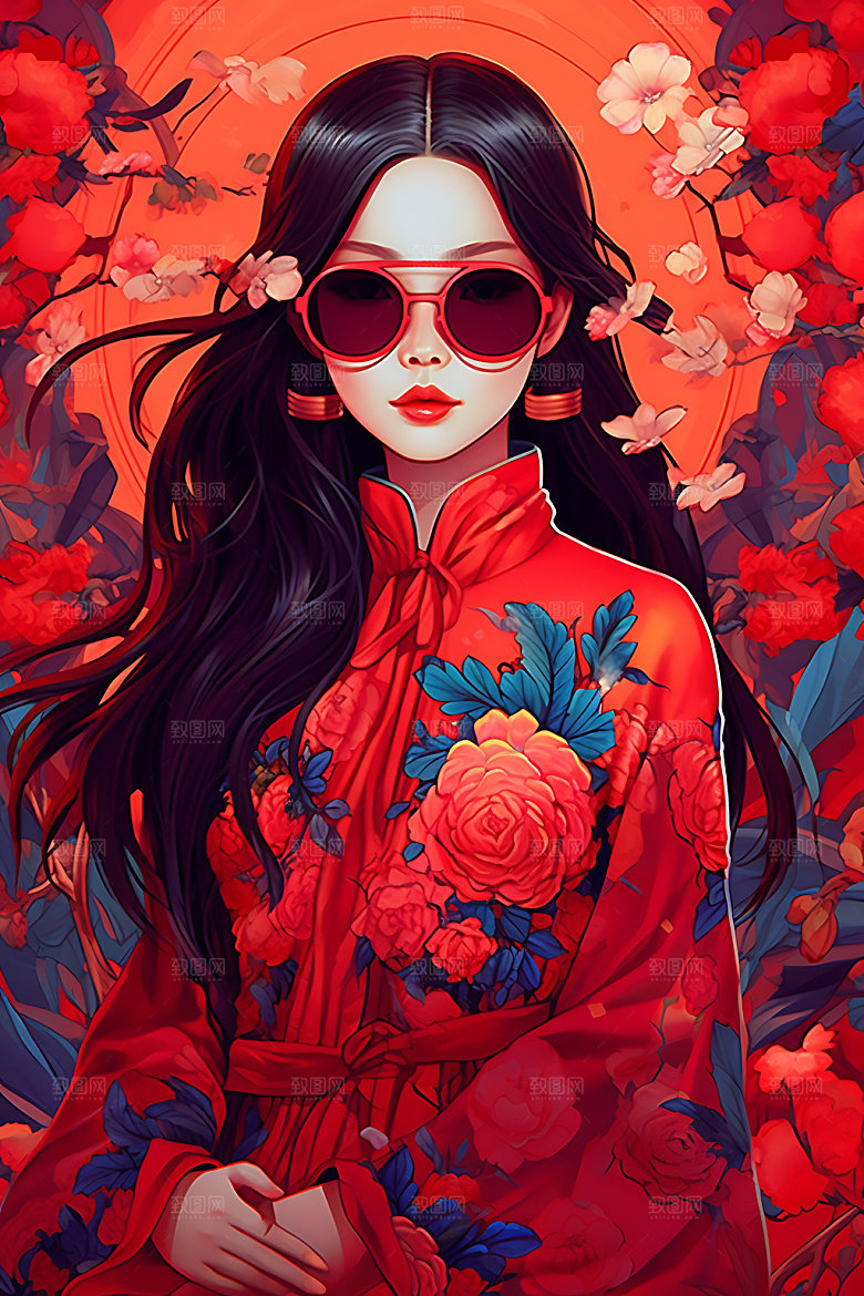 国潮女孩国潮风传统插画