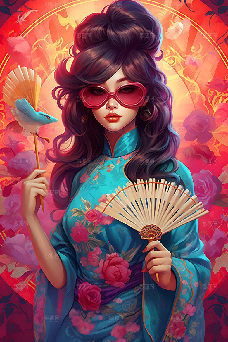 国潮女孩国潮风传统插画