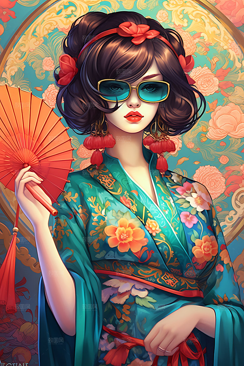 国潮女孩国风传统插画