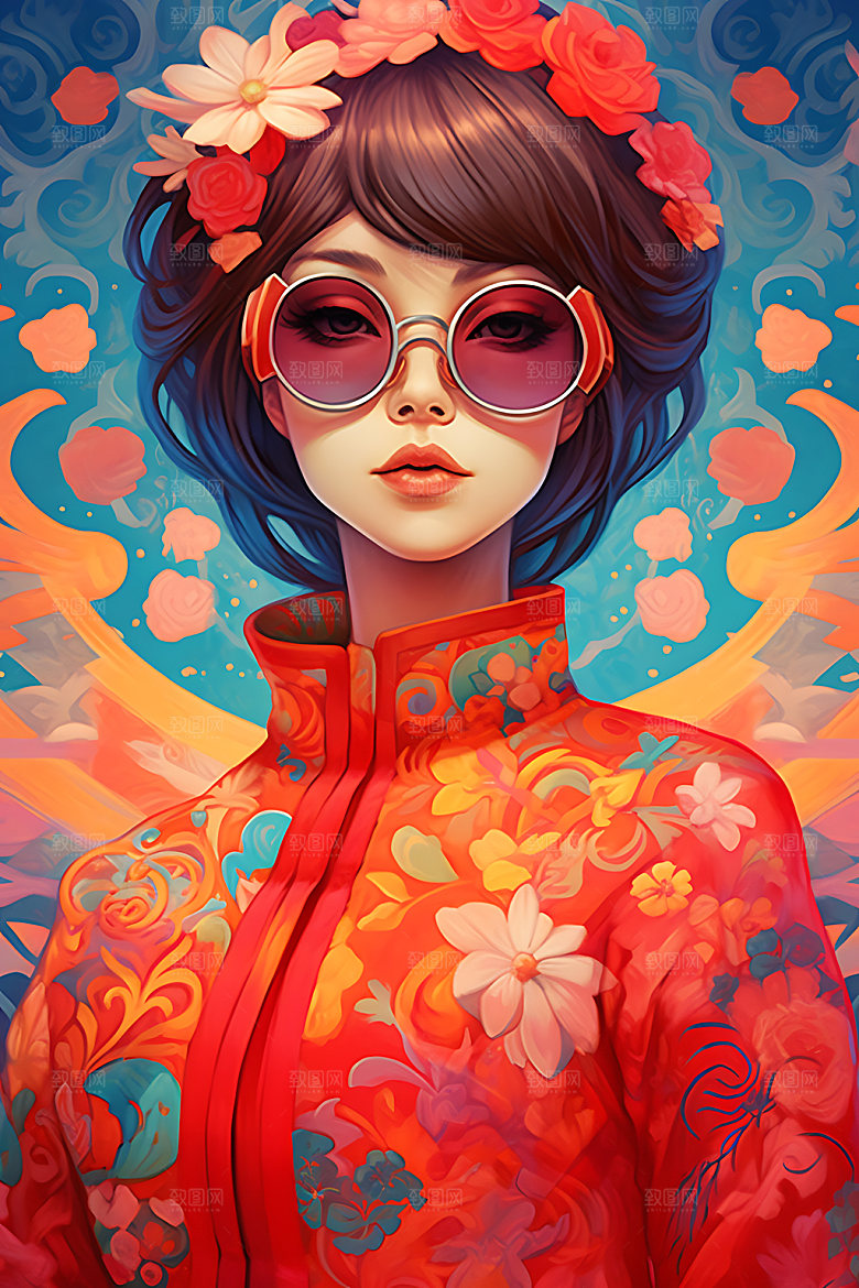 国潮女孩传统国潮风插画