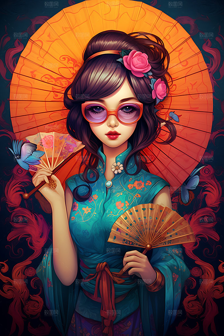 国潮女孩国风人物插画