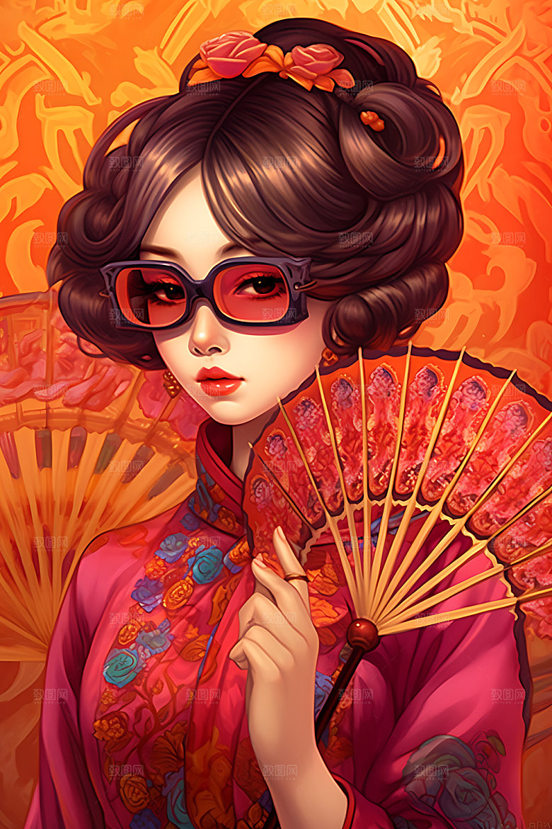 国潮女孩人物手绘插画