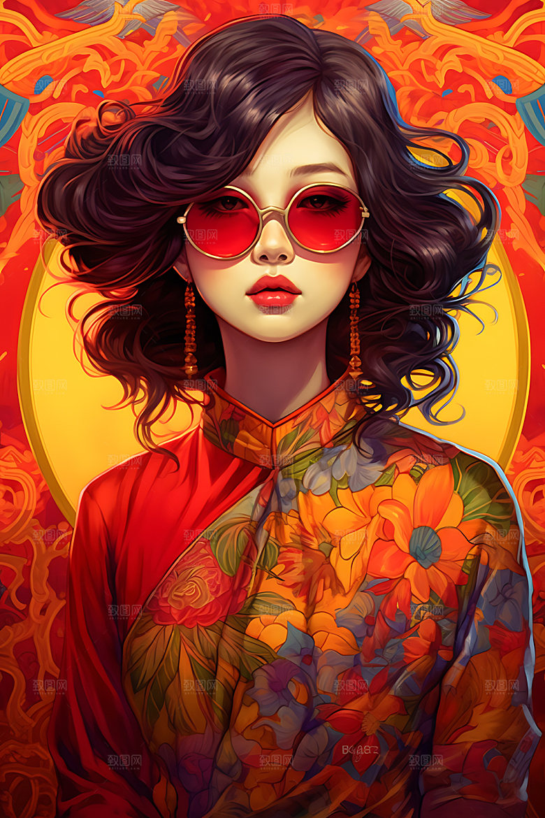 国潮女孩人物国潮风插画