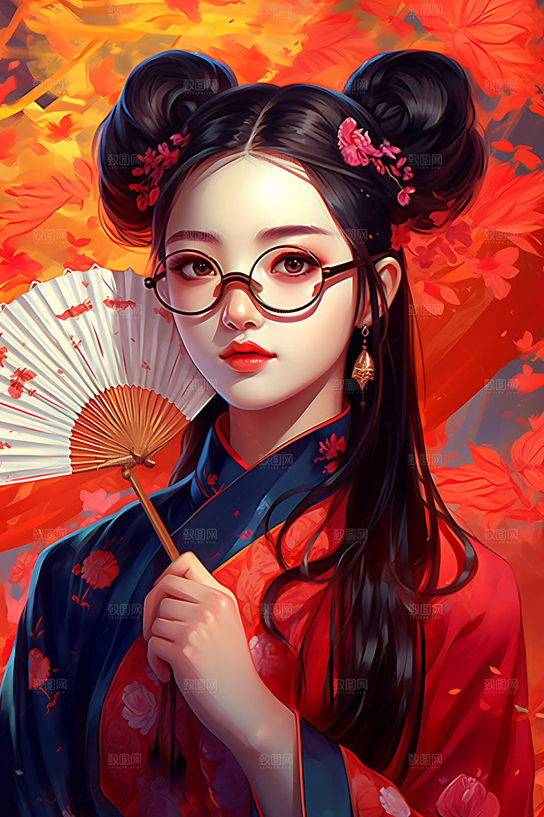 国潮女孩国潮风人物插画