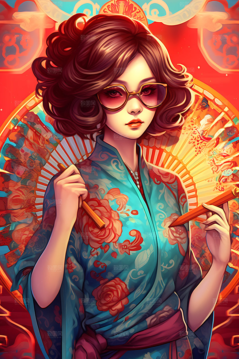 国潮女孩传统国潮风插画