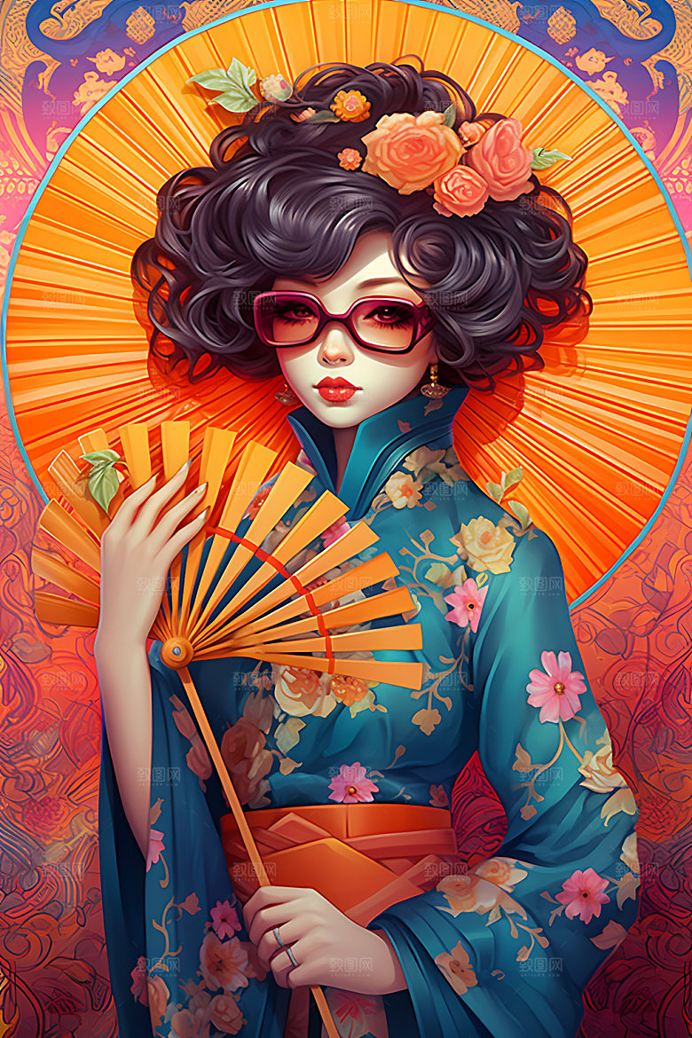 国潮女孩国潮风传统插画