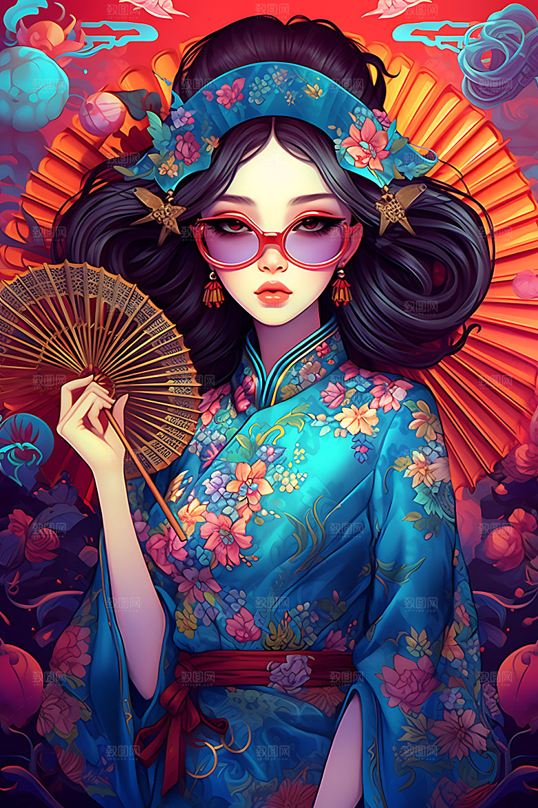 国潮女孩人物时尚插画