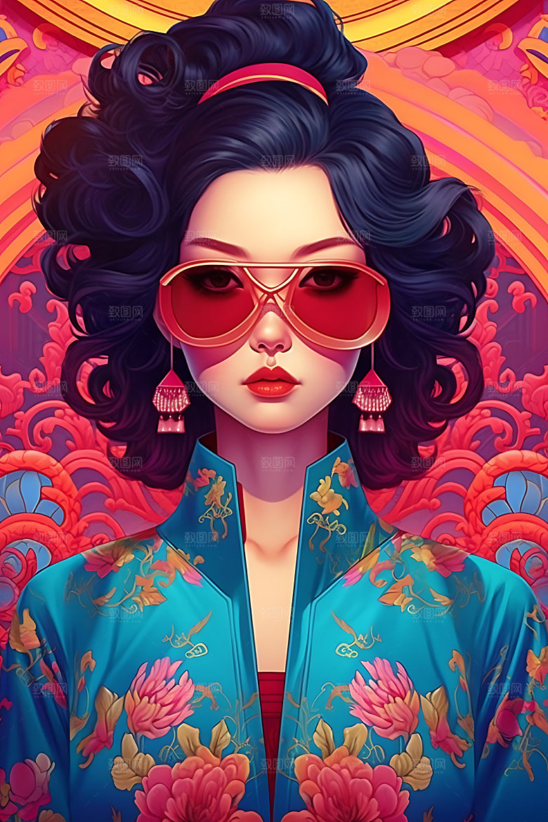 国潮女孩传统时尚插画