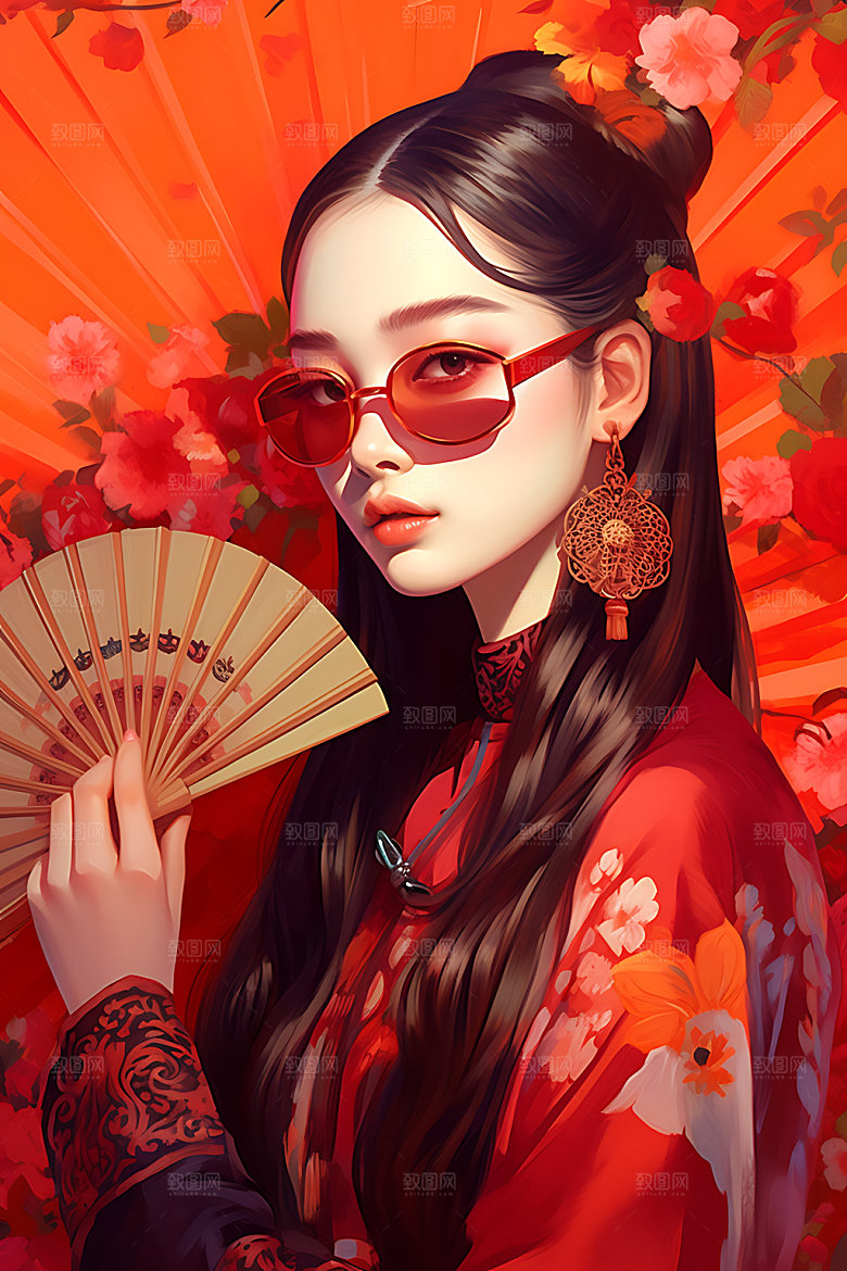国潮女孩国风传统插画