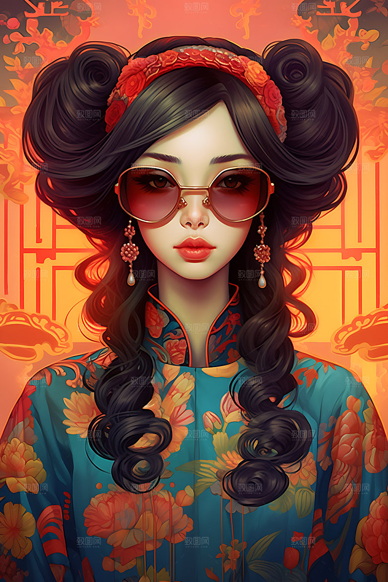 国潮女孩时尚戏曲插画