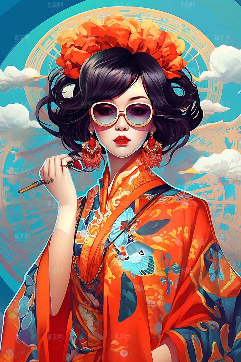 国潮女孩国潮风手绘插画