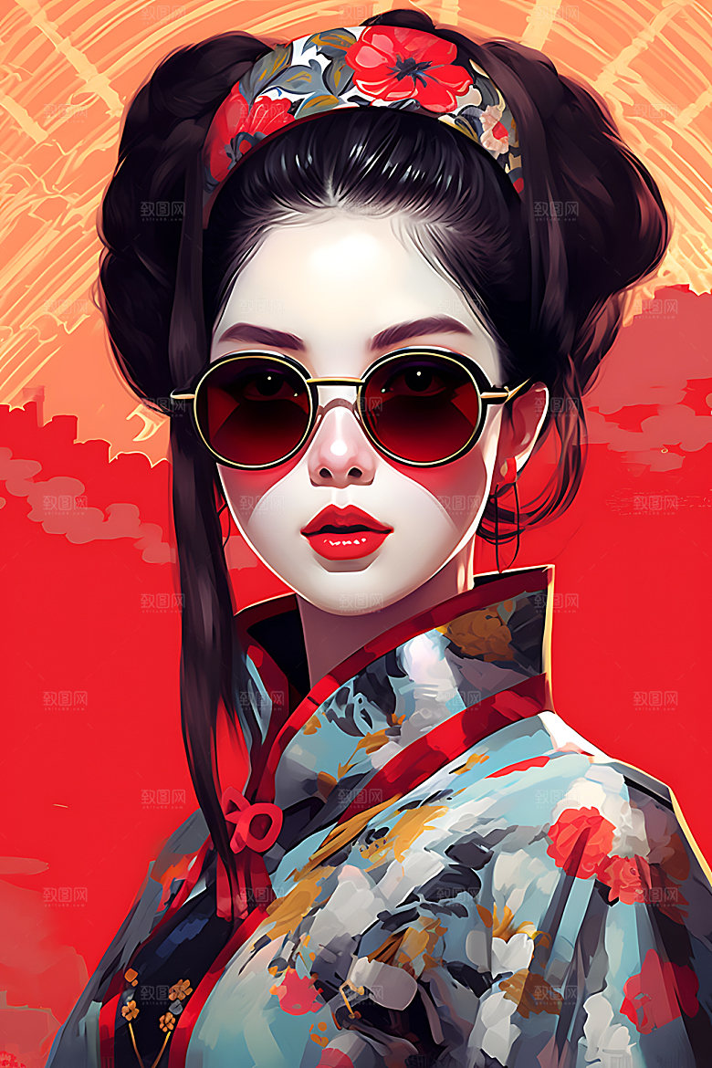 国潮女孩人物传统插画