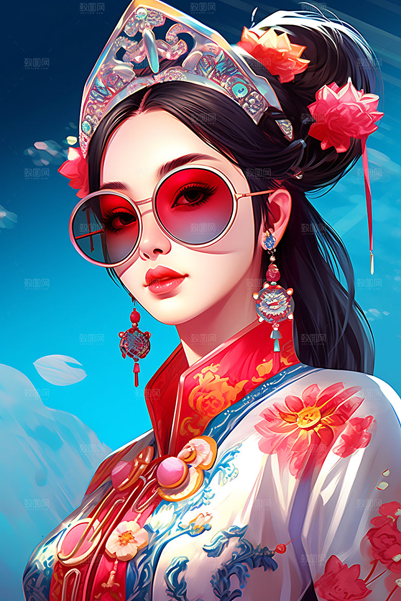 国潮女孩人物手绘插画