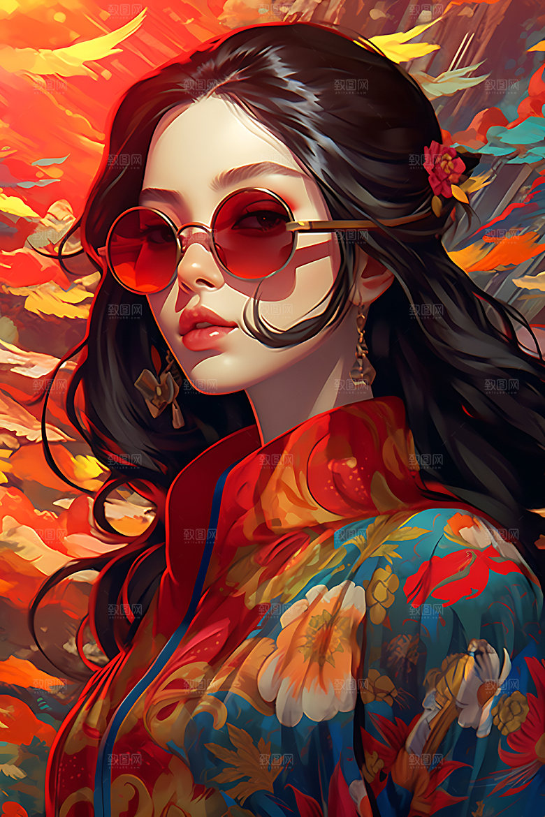 国潮女孩国风时尚插画