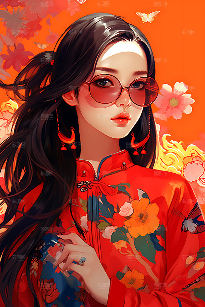 国潮女孩戏曲手绘插画