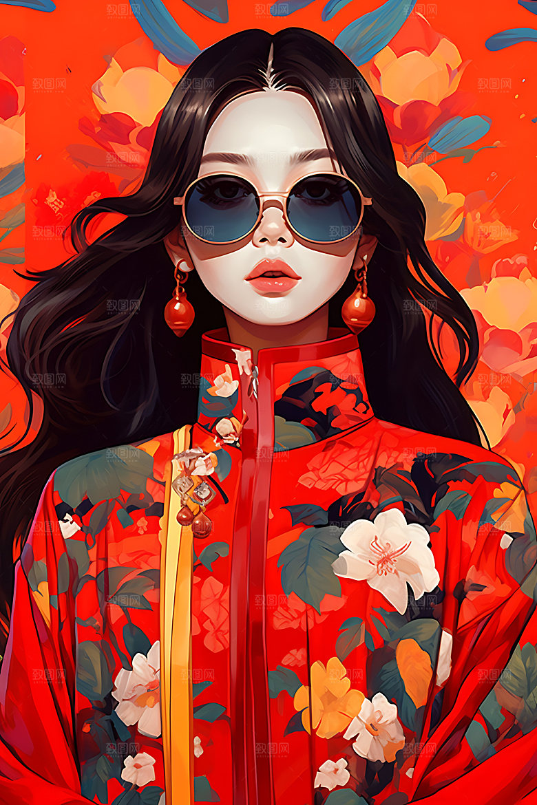 国潮女孩国潮风手绘插画