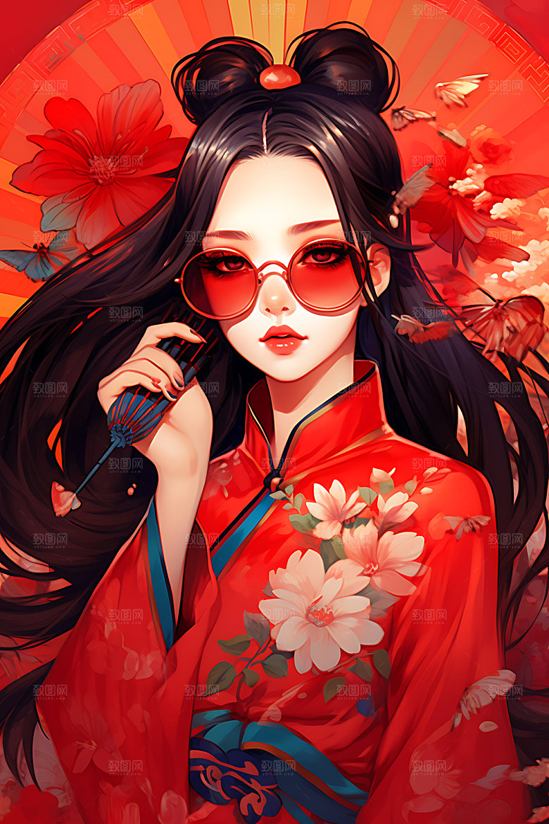 国潮女孩人物国潮风插画