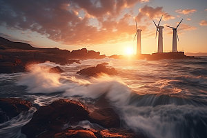 夕阳下的风力电厂新能源风车摄影图