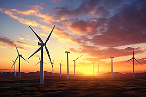 夕阳下的风力电厂新能源高清摄影图
