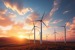夕阳下的风力电厂新能源风电摄影图