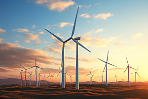 夕阳下的风力电厂清洁能源风电摄影图