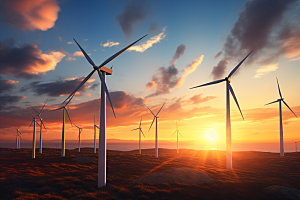 夕阳下的风力电厂新能源高清摄影图