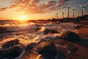 夕阳下的风力电厂高清清洁能源摄影图