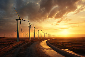 夕阳下的风力电厂高清风车摄影图