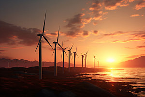 夕阳下的风力电厂高清风能摄影图